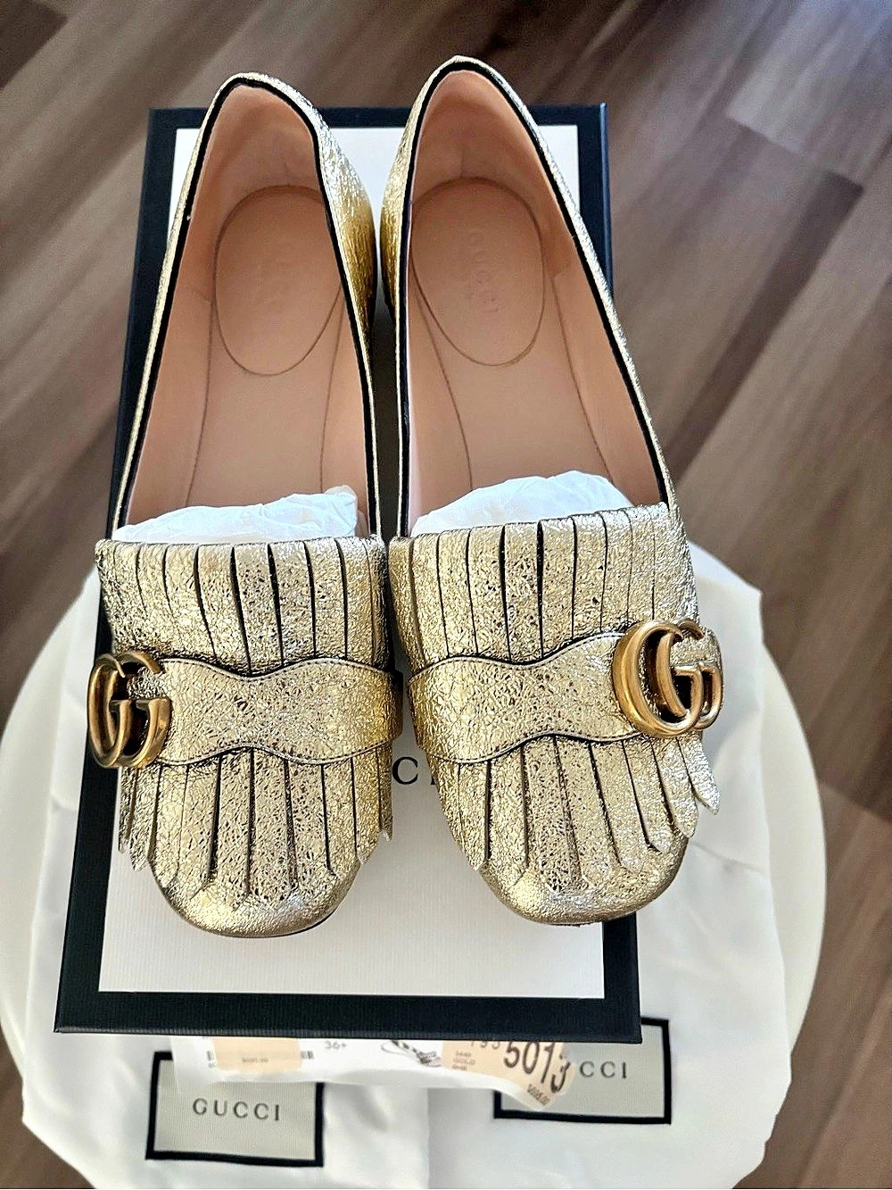 Gucci GG Marmont Fringe Flat Gold Loafers US 6.5